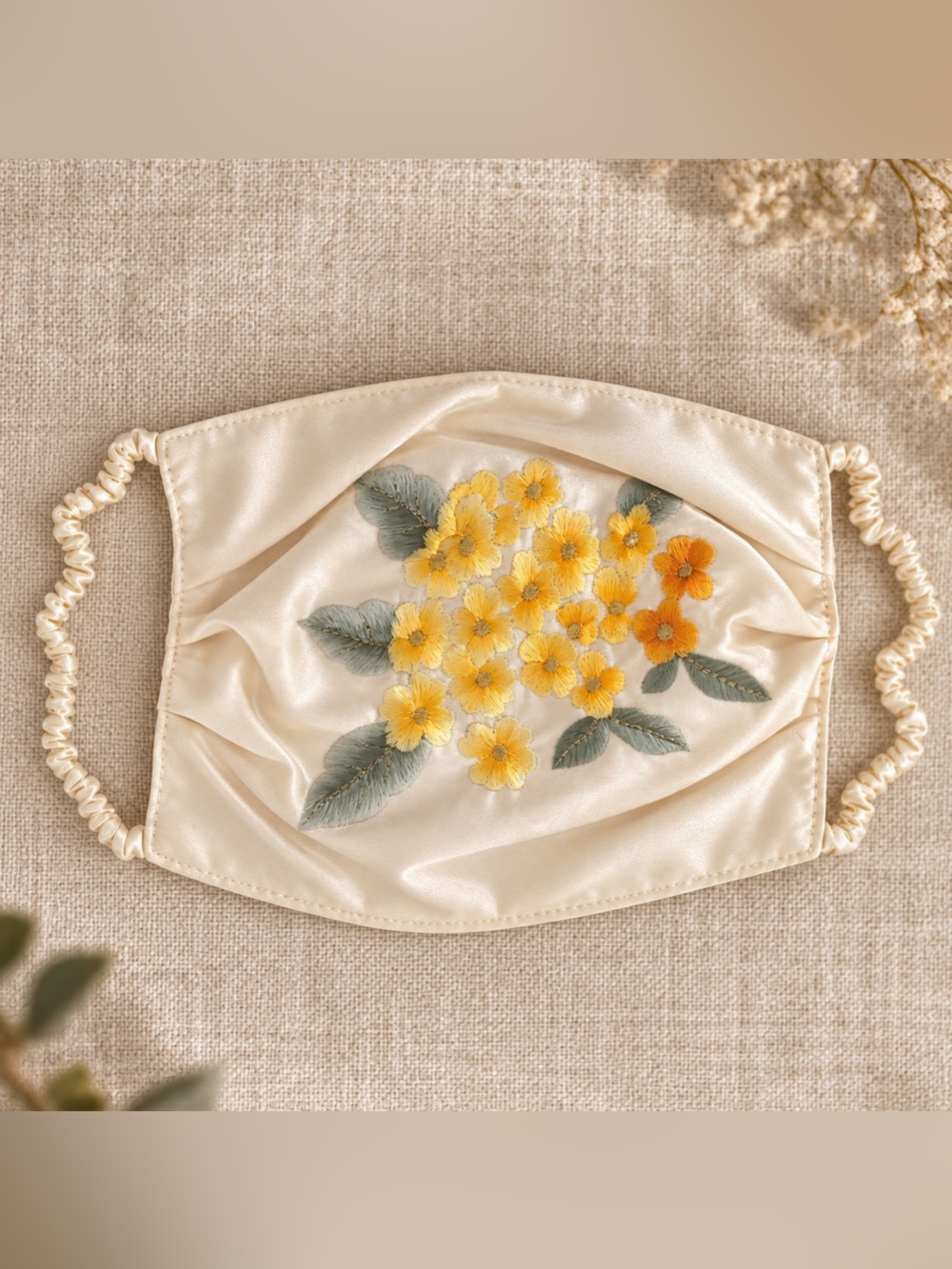 100% Mulberry Silk Embroidered Face Mask β Ivory Yellow Floral